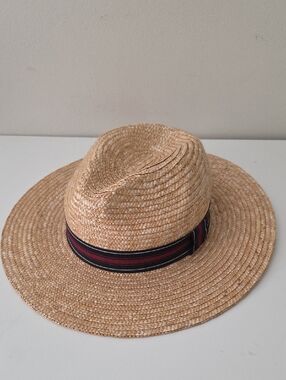 Men's Natural Straw Fedora with Black and Red Ribbon Band